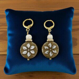 White Floral Czech Glass Clematis Earrings | Moonstone | 18K Gold Filled